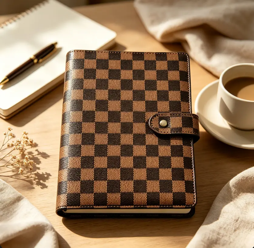 A5 Brown Checkered PU Leather Binder Notebook, 6 Ring Refillable Planner with Card Slots, Multi-Pocket Budget Journal, Luxury Grid Cover Personal Organizer, Portable Business Diary for Office School Travel Daily Planning