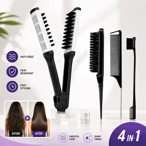 4 pcs Hair Styling Tools Set, V-Shaped Hair Straightening Brush, Edge Control Brush, Rat Tail Comb & Hair Brush, Anti-Frizz Smoothing and Detangling Kit for Hairline Styling, Parting, Braiding, Women, Girls, Home Salon Hair Care
