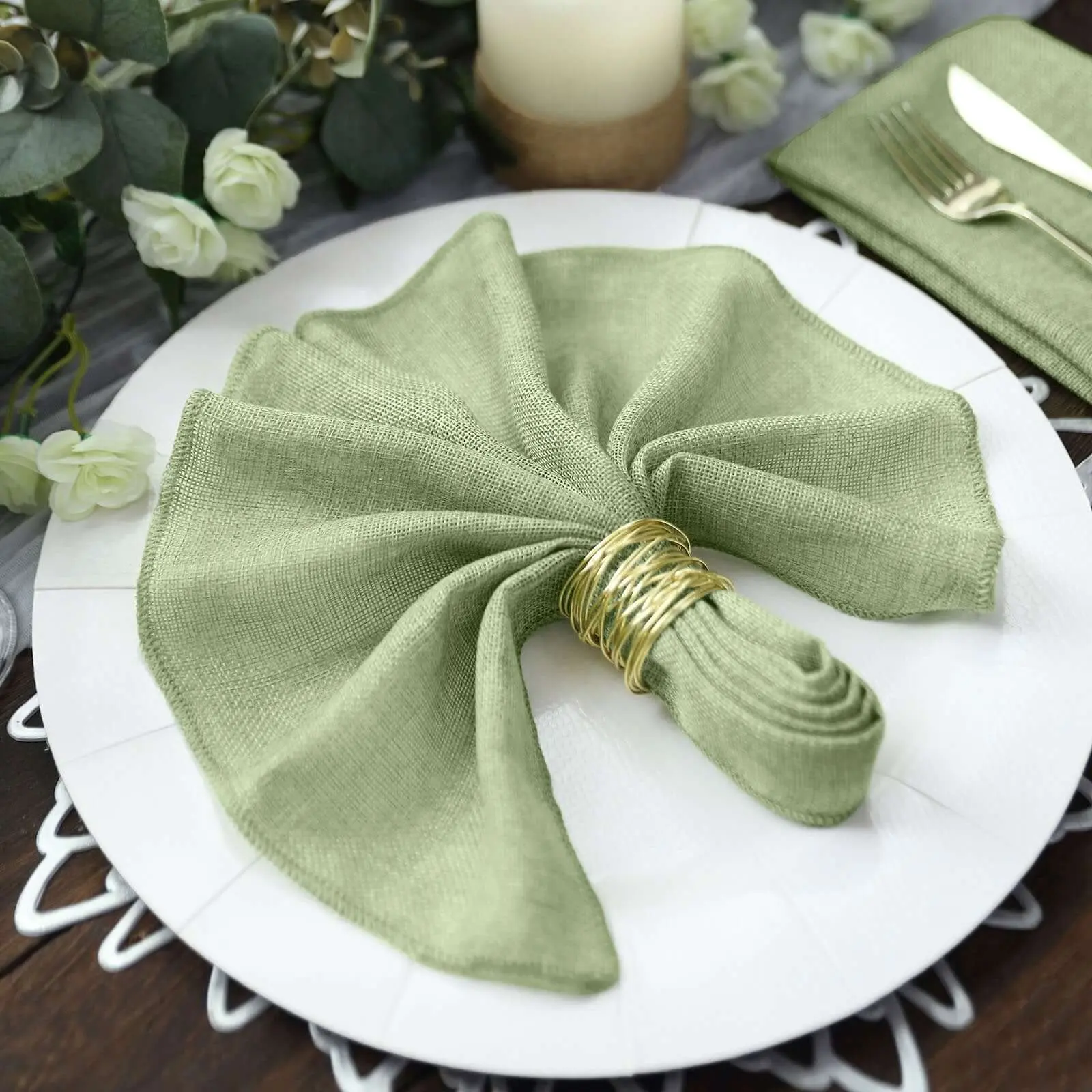 5-Pack Sage Green Faux Jute Fabric Dinner Napkins, 19in x 19in Rustic Chic Dinnerware Home Accessory, Wedding Packet Napkins, Tableware