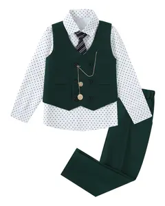 Boys Suit Formal Dress Clothes Big Boy Wedding Outfit Vest+Pants+Dress Shirt+Chain+Adjustable Tie 6-10Y