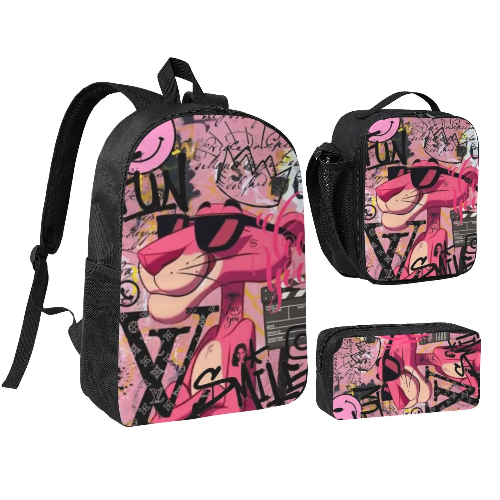 Pink Panther 3-Piece Backpack Set for Girls & Teens, Casual Cartoon Print School Bag with Insulated Lunch Box & Pencil Case for Hiking & Daily Commute, Boys, Matching Sets, Picnics, Side Pockets