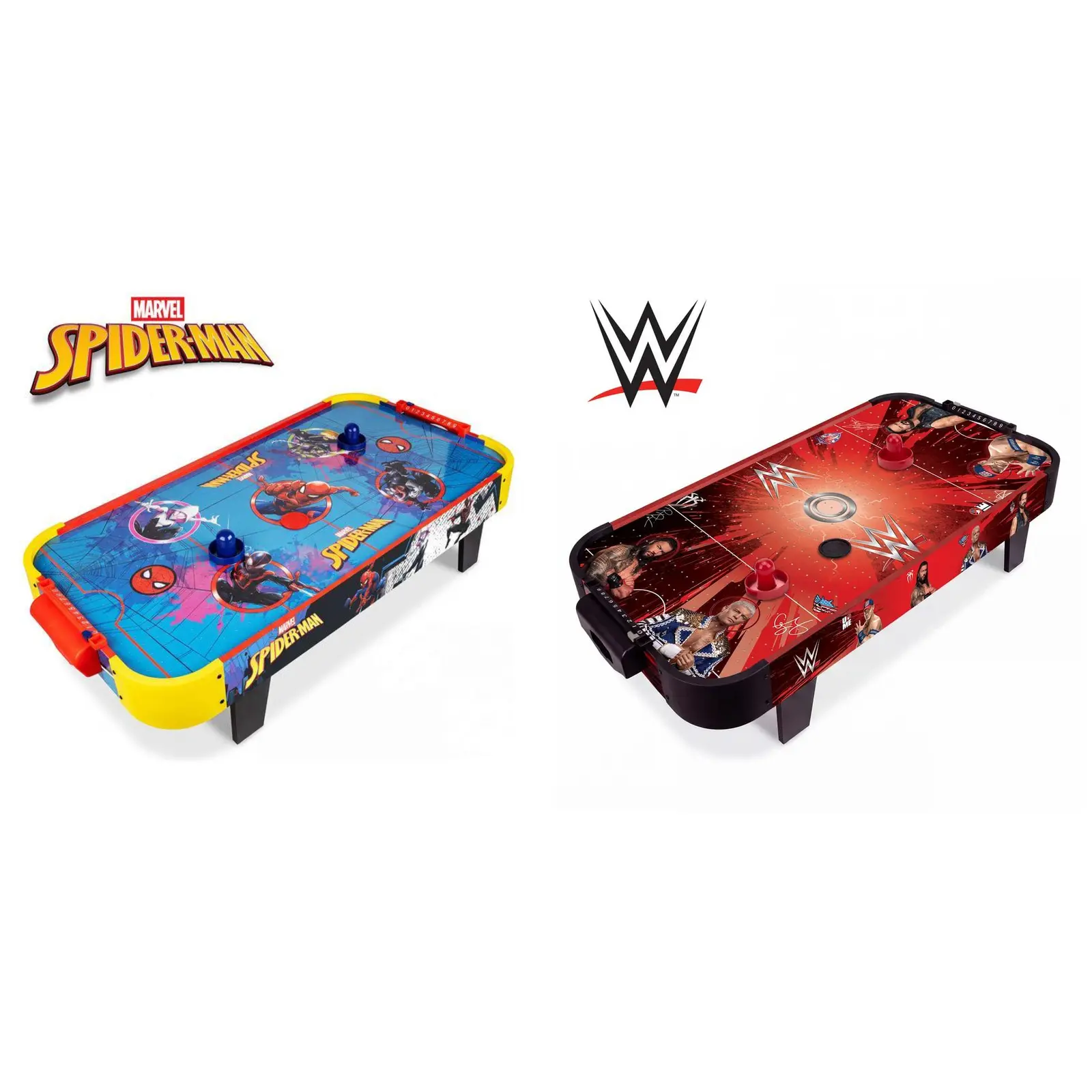 Mega 42-Inch Electronic Air Hockey Table – Marvel Spider-Man or WWE, 2-in-1 Tabletop & Freestanding Game with Removable Legs, 2 Mallets & 2 Pucks, AC Powered, Ages 3+