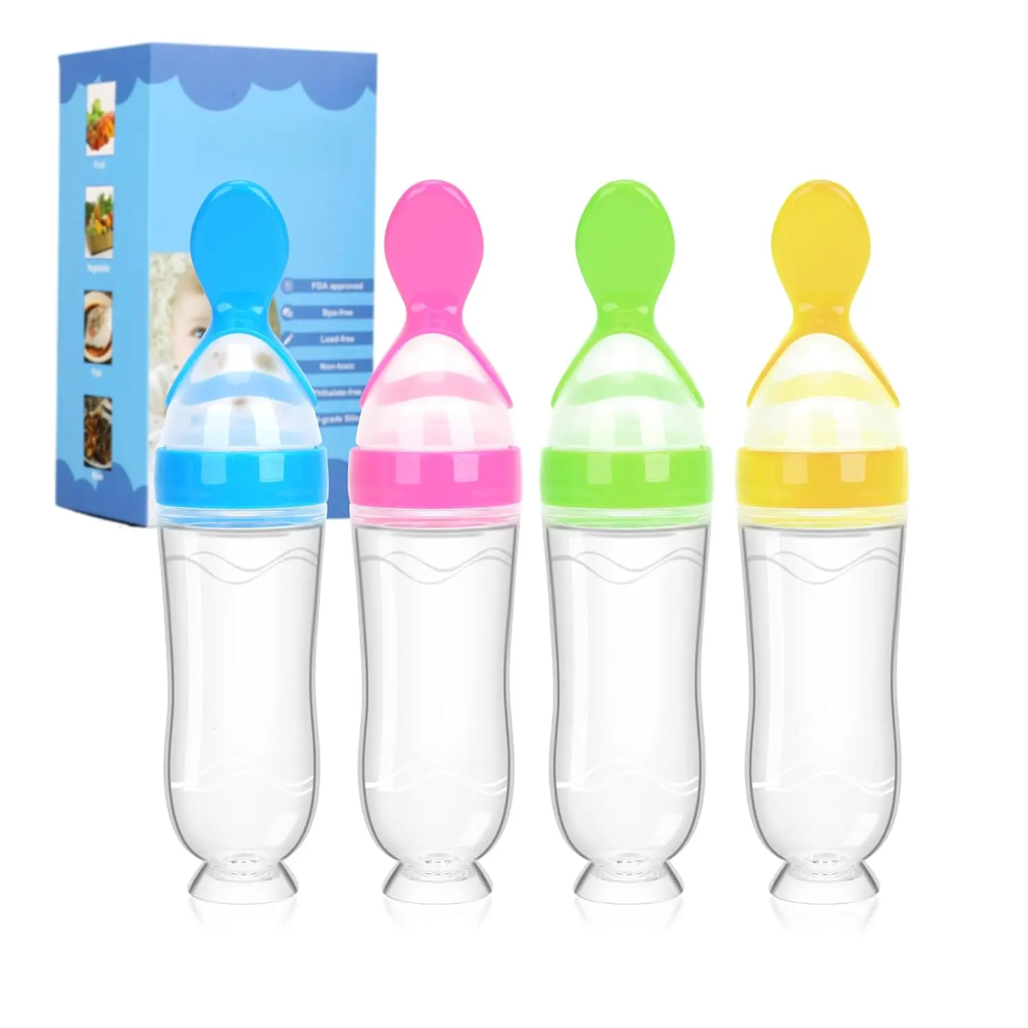 Baby Food Squeeze Feeders, 4 Pack Silicone Dispensing Bottles with Spoon Tip and Suction Cup for Toddler Self-Feeding, 3 oz, 01-Colorful(4 Pack)