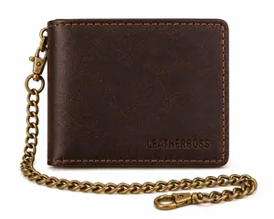 Leatherboss Hunter Leather Biker Bifold Wallet with Antique Chain RFID Blocking 5 Card Slots Clear ID Window Full-Size Currency Pocket Stylish Secure