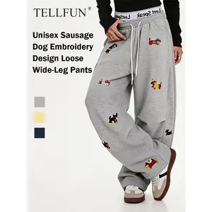 TELLFUN Men's Unisex Dog Embroidery Casual Comfy Joggers, Loose-Fit Baggy Barrel-Leg Sweatpants, Stretch Fabric, Drawstring Waist, Y2K Streetwear Casual Bottoms, Baggy Sweatpants