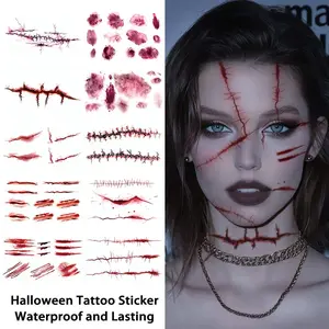 10 Temporary Tattoo Stickers, Halloween Horror Makeup, Long-Lasting Waterproof Scars Wounds Blood, Realistic Fake Tattoos for Face Arms Party Cosplay Photo Props