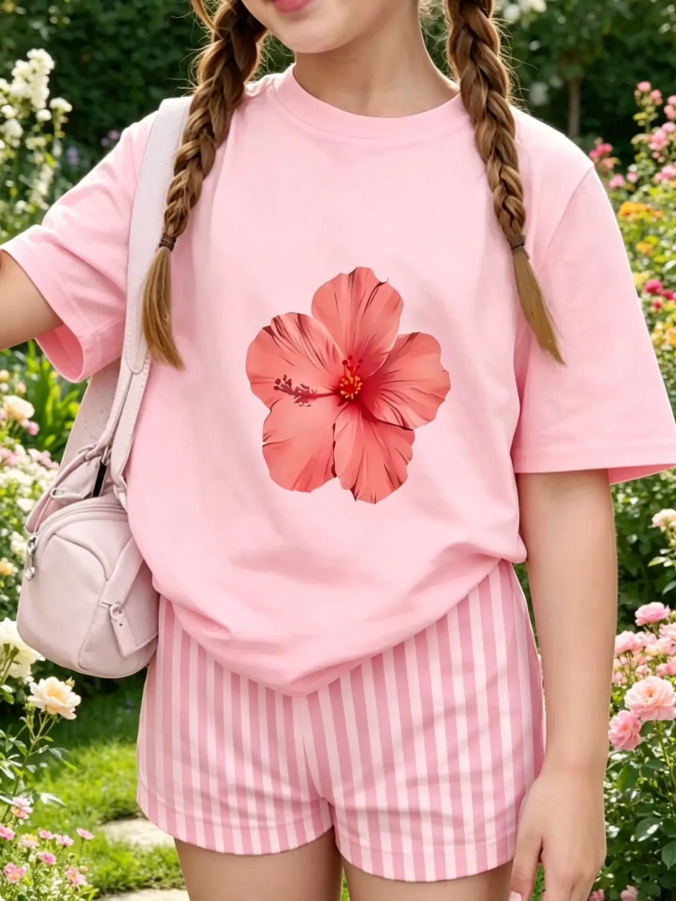 Girls Hibiscus Print T-Shirt & Striped Shorts 2Pcs Summer Outfit Cute Clothing Set Summer Clothes Set