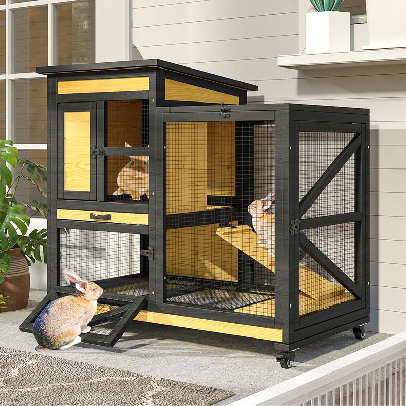 TIMHAKA 46.7" Elevated Rabbit Cage with Run Indoor & Outdoor Use Wooden Design 2 Removable Tray Waterproof Roof 4 Metal Wheels for Small Medium Animals