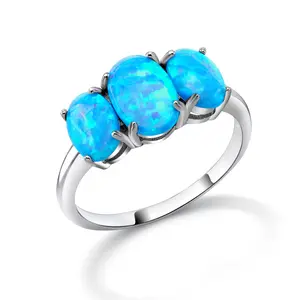 925 Sterling Silver Oval Created Opal Ring, Opal Ring, Vintage Silver Opal Ring, Created Blue Opal Ring, Three Stone Created Opal Ring