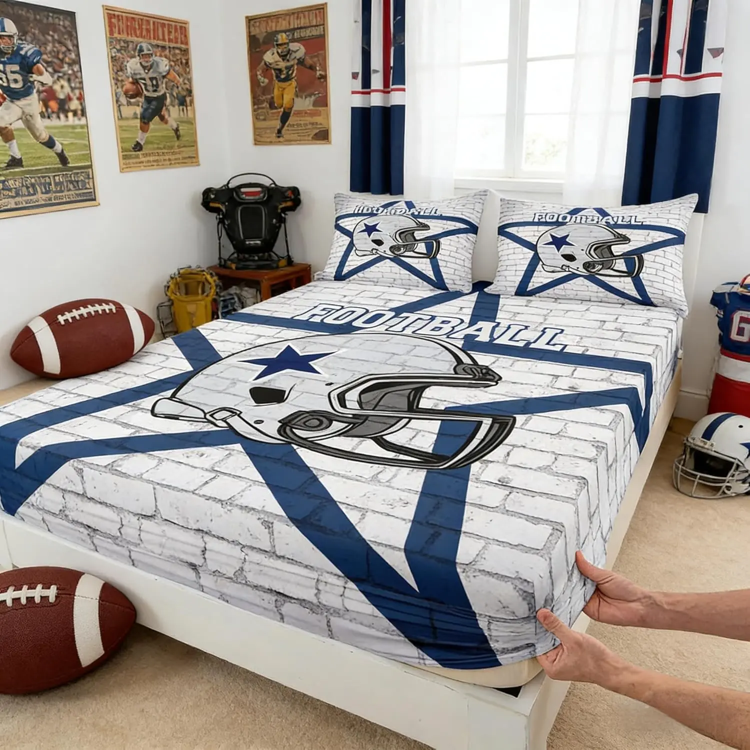 American Football Fitted Sheet,Texas Star Cowboy Football Sports Bedding Set Men Room Decor,Rugby Helmet Brick Wall Retro Bed Cover,Blue White Bed Sheet