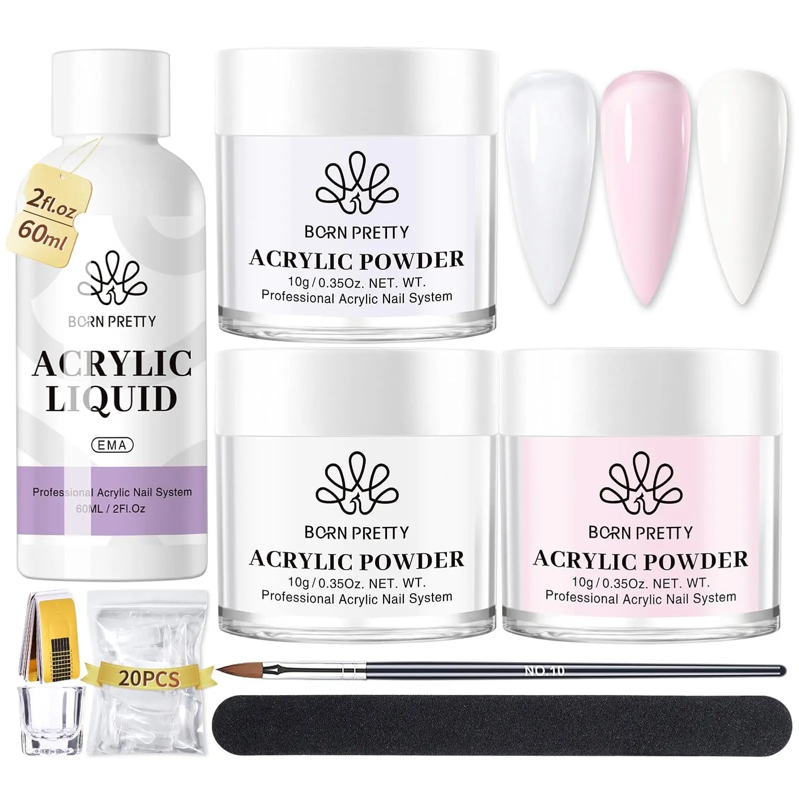 Acrylic Nail Kit - Clear/White/Pink Acrylic Powder & Liquid Set with Nail Forms, Brush Pen, File, Glass Container - Beginner-Friendly Beauty Care Set