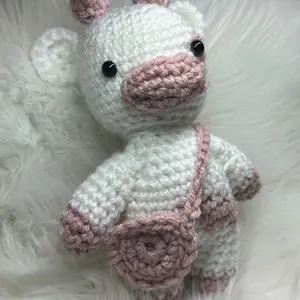 Handmade Crochet Strawberry Cow with Purse - Unique Knitted Toy for Kids - Whimsical and Unique Home Decor