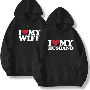 Couple Hoodie Matching Sweatshirts with Love Printed on It I Love My Wife & I Love My Husband Letter Print Slim Fit Casual Everyday Fall Winter Must Have