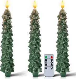 3 count Christmas Tree Candles with Remote, Waxy Flameless Taper Candles Flickering, Green LED Candlesticks  Operated for  Year Celebration Holiday Decorations 9.7 Inches