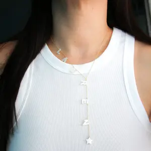 Custom Lariat Name Initial Necklace 18K Gold Filled Chain Personalized Jewelry Gift for Her Mom Dainty Beautiful Mother of Pearl Letters