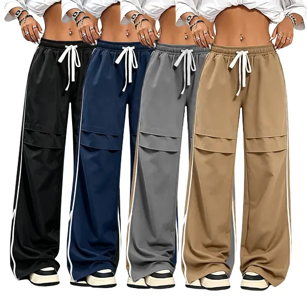 Trendy Y2K parachute wide-leg pants with an elastic waistband for easy wear/removal; thigh ruched design optimizes fit; loose floor-length legs; suitable for campus life, weekends, gatherings, and outings; four stylish everyday color options available.