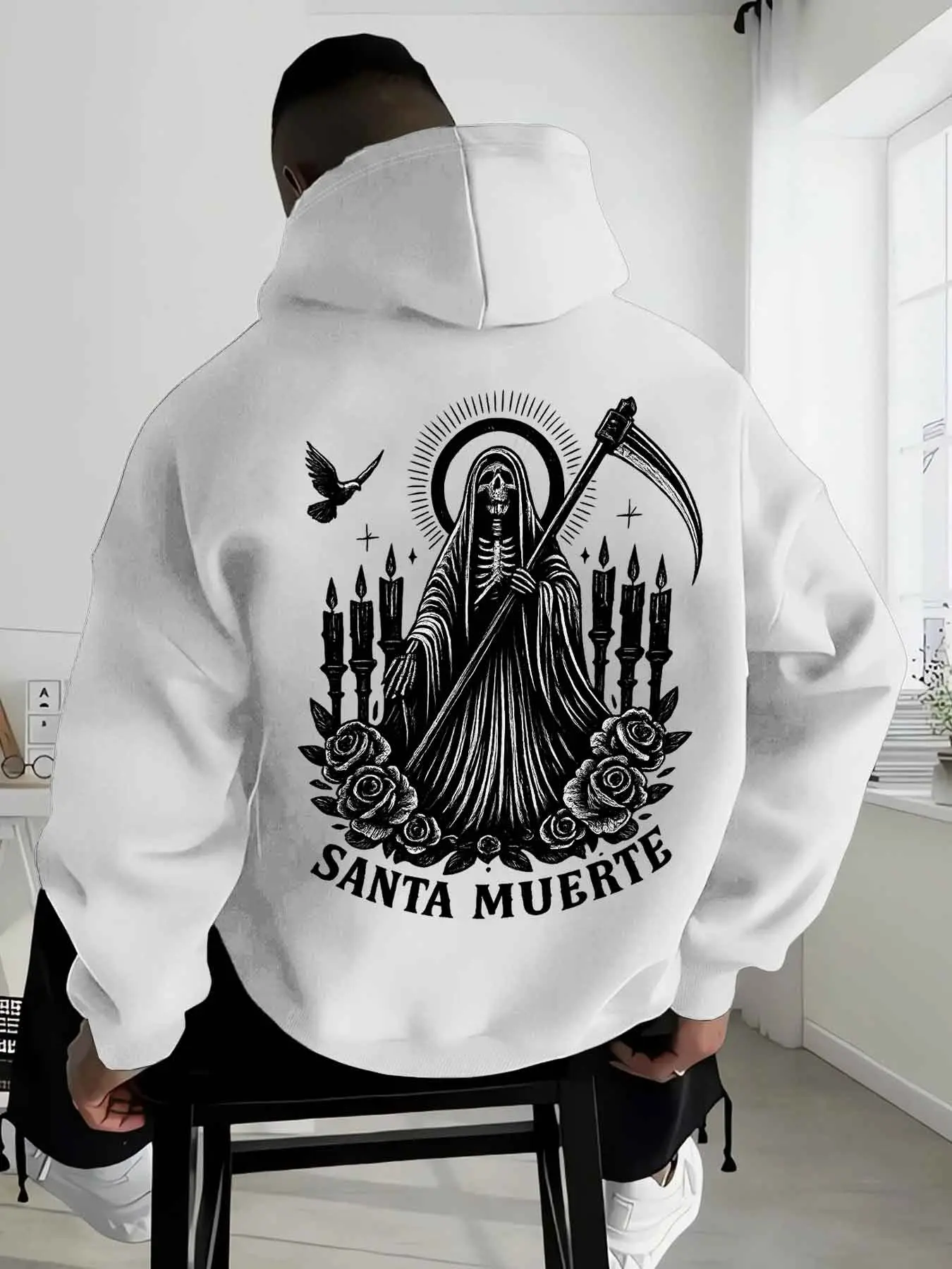 "Santa Muerte" Skeleton Saint Graphic Pullover Hoodie, Drop Shoulder Hoodie, Fitted Sweatshirts, Long Sleeves, Edgy Gothic Style, Ultra-Soft Fleece Wear, Ideal for Alternative Trendsetters & Cultural Art Lovers, Daily Urban Outfits, Casual Hangouts