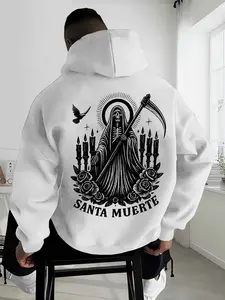 Santa Muerte" Skeleton Saint Graphic Hoodie, Long Sleeves, Edgy Gothic Style, Ultra-Soft Premium Fleece Wear, Ideal for Alternative Trendsetters & Cultural Art Lovers, Daily Urban Outfits, Casual Hangouts & Bold Looks Celebrating Dark Aesthetic Vibes