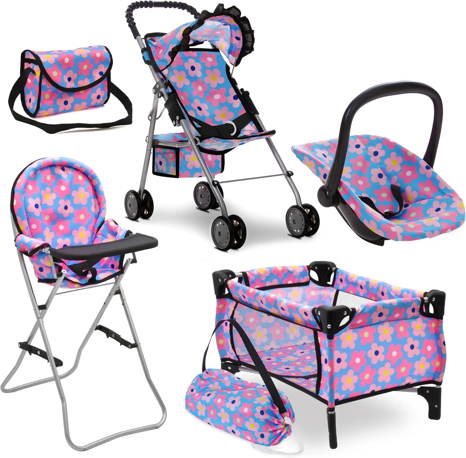 Baby Doll Stroller Bed and Seat Nursery Playset – 4-in-1 Baby Doll Accessories Set with Stroller, High Chair, Rocking Chair & Diaper Bag – Blue Floral Pretend Play Set for Girls Ages 3–5