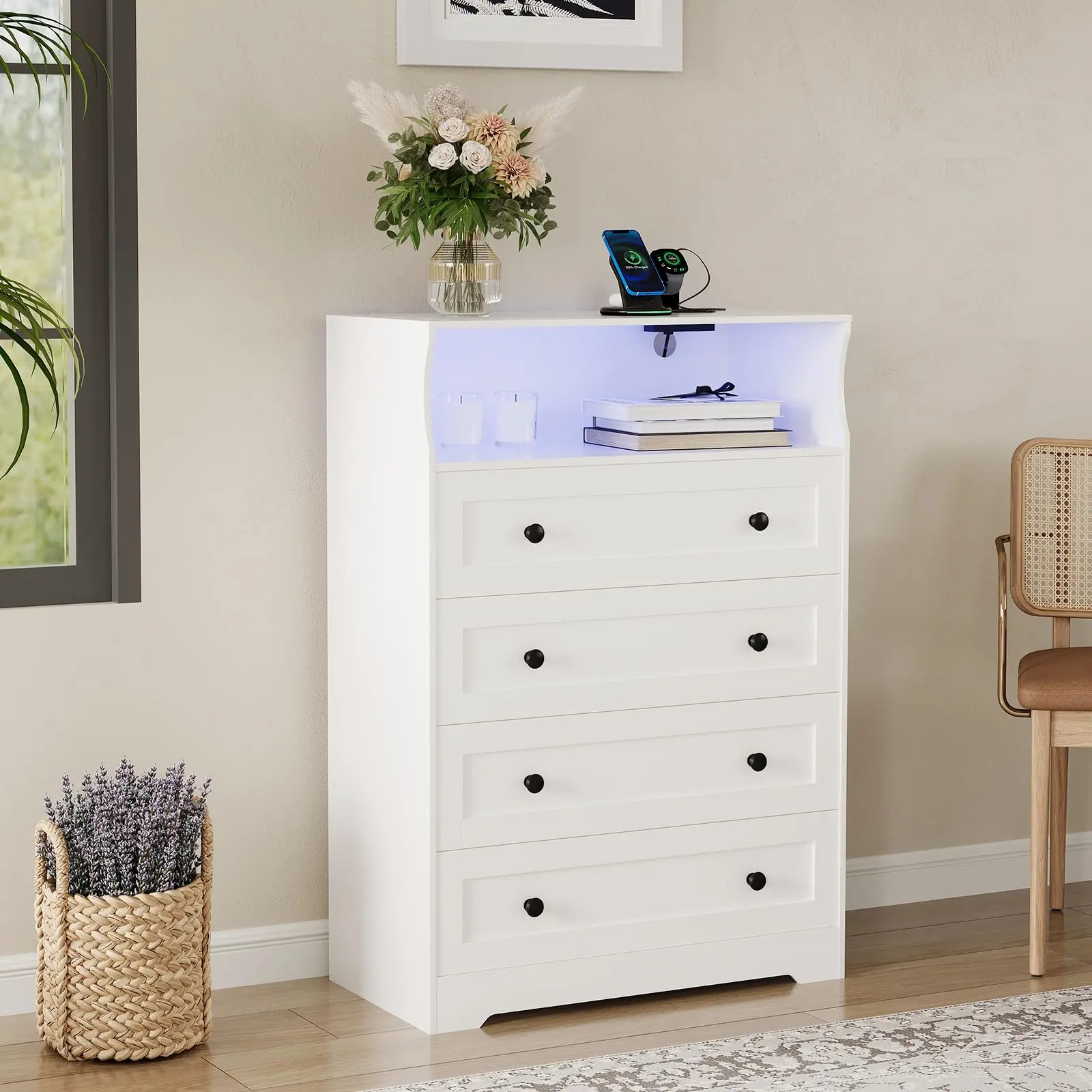 Garvee 4 Drawer Dresser with Charging Station, Modern LED Dressers Chest of Drawers with Open Shelf, Tall Wood Storage Dresser for Nursery, Hallway, Living Room, Closet, Entryway, White