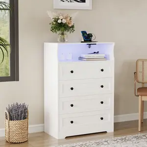 Garvee 4 Drawer Dresser with Charging Station, Modern LED Dressers Chest of Drawers with Open Shelf, Tall Wood Storage Dresser for Nursery, Hallway, Living Room, Closet, Entryway, White