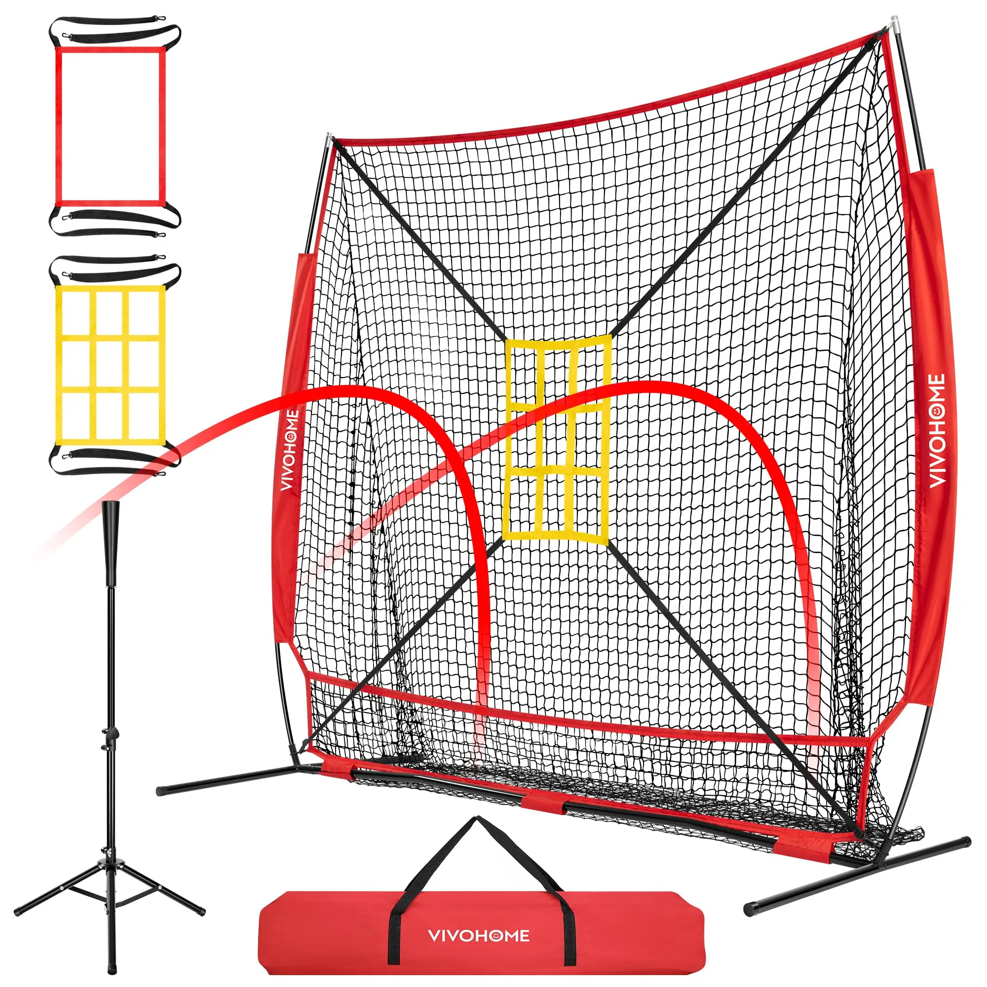 VIVOHOME Baseball Softball Hitting Practice Net with Large Ball Collection System, 7 x 7 ft Baseball Batting Pitching Net with Tee, 2 Strike Zone, Carry Bag