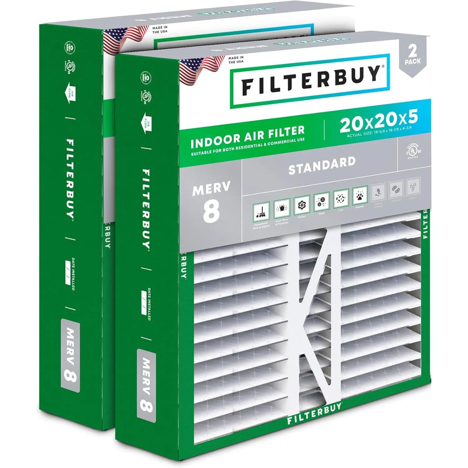 Filterbuy New 20x20x5 Eco-Friendly HVAC AC Furnace Air Filter (2-Pack), Electrostatically Charged Pleated MERV 8 Dust Defense Filter, Endures Temperatures Up to 200°F, Compatible with Honeywell FC100A1011, Lennox X0585 & More, Pack Of Two