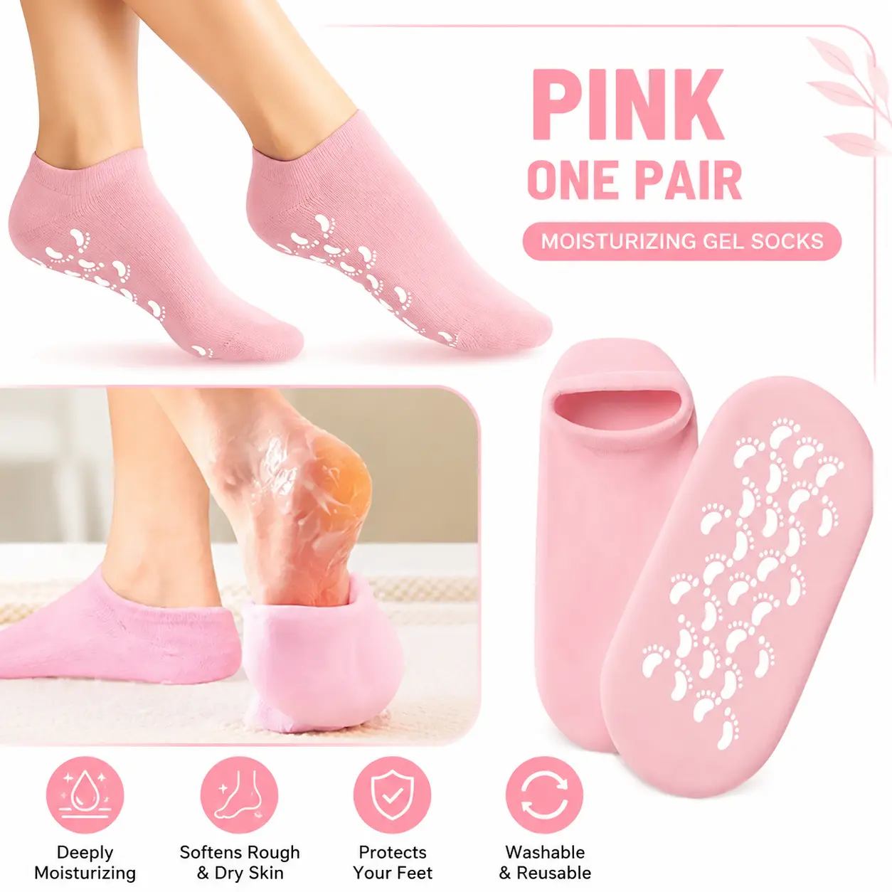 Dual-Layer Hydrating Gel Socks (1 Pair Blue & Pink), Moisturizing Foot Mask Socks for Dry Feet & Cracked Heels, Softens Rough Skin, Overnight Spa Foot Care, Reusable Pedicure Socks