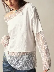 Women's Bohemian Lace Patchwork Top, Loose Irregular Long Sleeve T-Shirt, Boho French Style Ideal for Dates and Casual Vacations