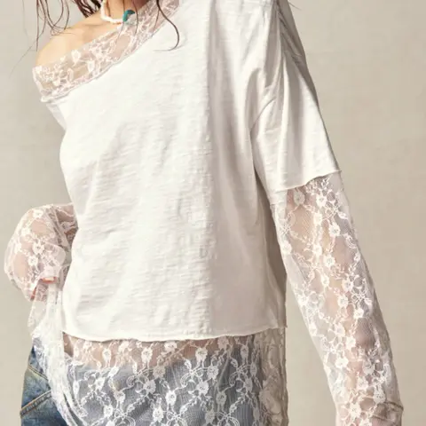 Women's Bohemian Lace Patchwork Top, Boho Cottagecore Shirt, Loose Irregular Long Sleeve T-Shirt, French Style Ideal for Dates and Casual Vacations