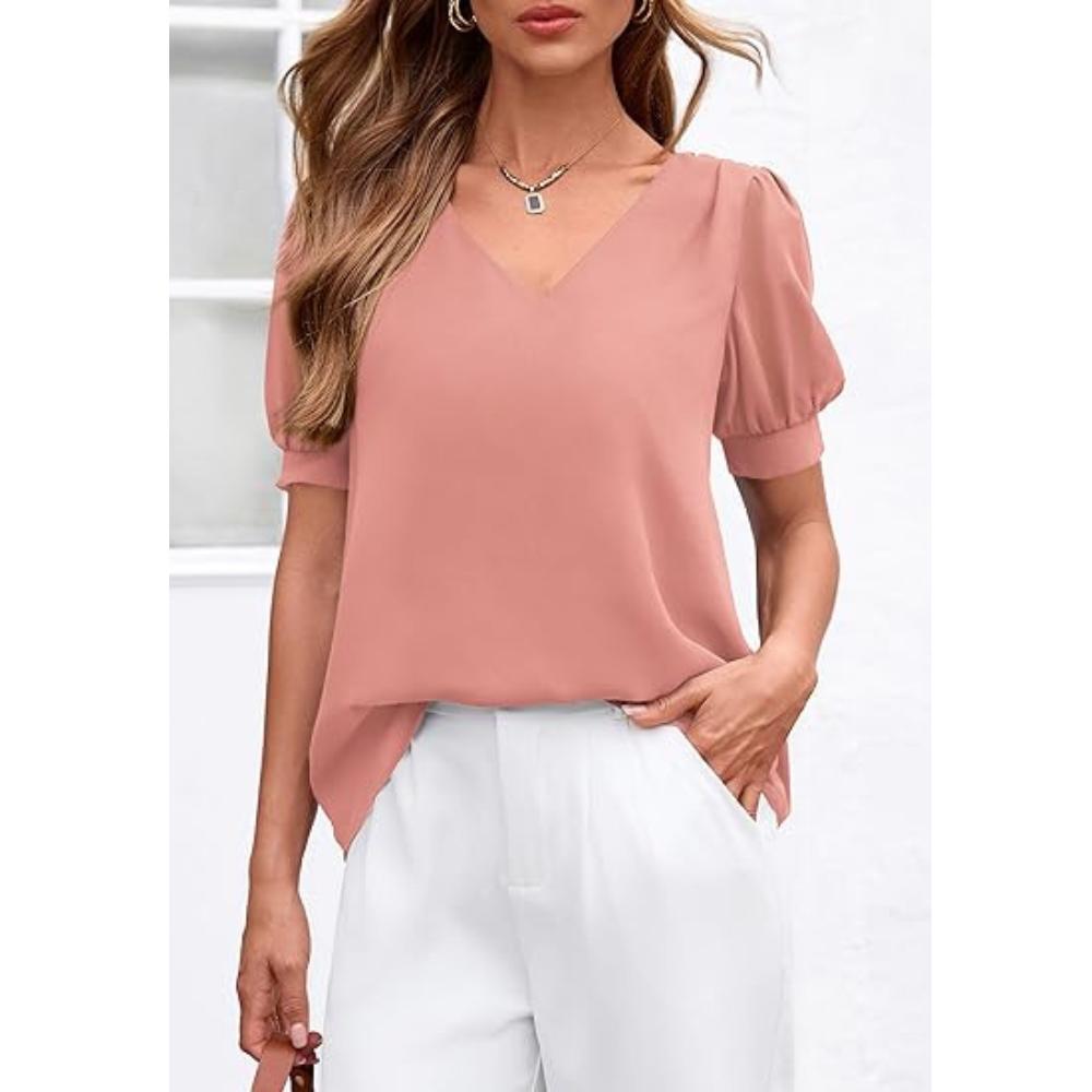 PRETTYGARDEN Womens Tops Dressy Casual Puff Sleeve Chiffon Blouses V Neck Business Work Shirts Summer Fashion Clothing