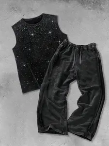 Men's Two-Piece Set Round Neck Vest & Pants, Loose-Fit Colorblock, Trendy Rhinestone Design, All-Season Street Style