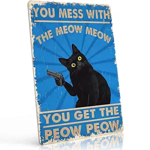 8x12 Inch Aluminum "You Mess With The Meow Meow" Black Cat Metal Sign – Funny Sassy Wall Art for Cat Cafe, Bedroom & Pet Home. Retro Blue Sunburst Style, Durable & Humorous. Ideal Gag Gift for Cat Lovers.