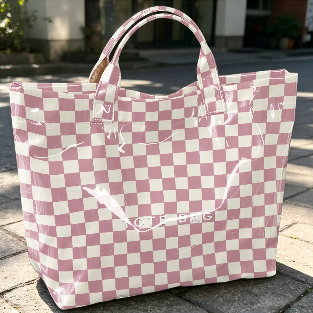 1pc pink plaid printed tote bag, large-capacity waterproof travel bag, PVC material, suitable for clothing, cosmetics, accessories, parties, leisure portable shopping bags, student party office workers commuting bags.
