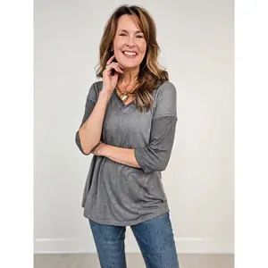 Vintage Wash Relaxed Fit 3/4 Length V-Neck Top