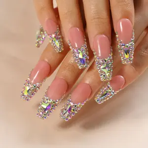 Angel's Tear Handmade Rhinestone Press On Nails – Luxury Bling Fake Nails | Elegant Long Coffin Custom Nail Art