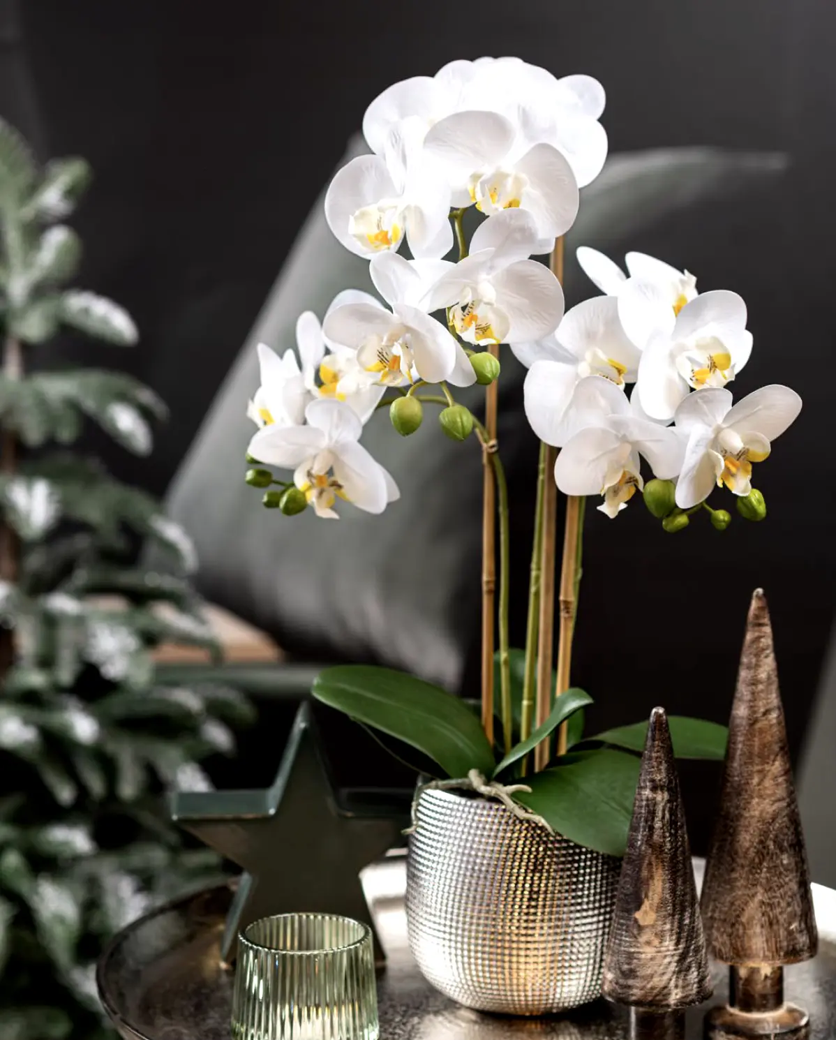 Artificial Flower White Orchid 24" in Silver Ceramic Vase