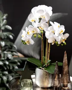 Artificial Flower White Orchid 24" in Silver Ceramic Vase