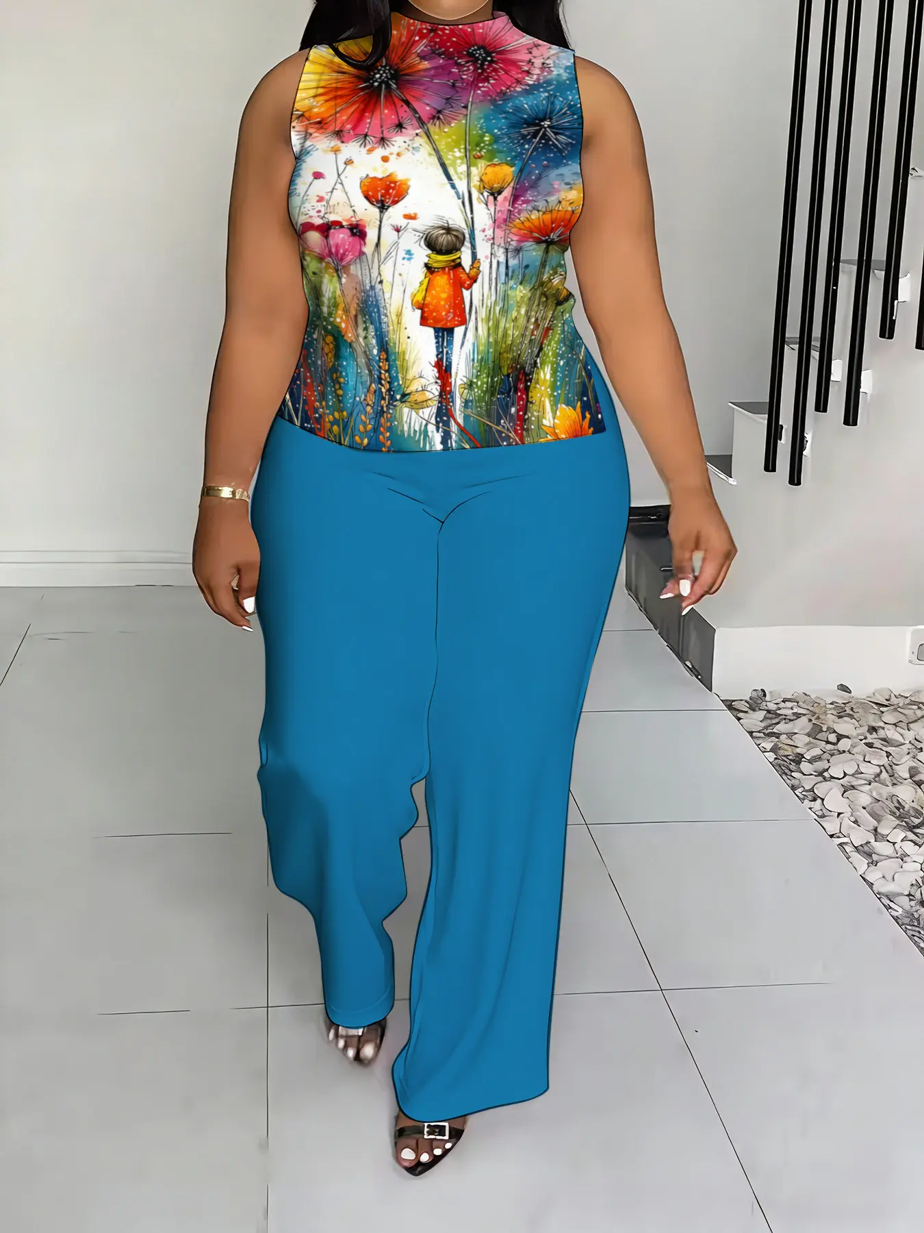 Plus Size Women’s Floral Print 2 Piece Outfit Sleeveless Tank Top & Wide Leg Pants Set Casual Loose Fit Summer Holiday