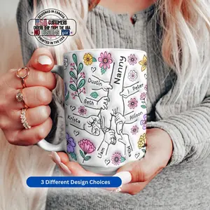 Personalized Mother's Day Mug for Mom. Custom Hold My Hands Grandma Coffee Cup. Nanny and Mum Mug with Grandkids Names. Perfect Family Gift.