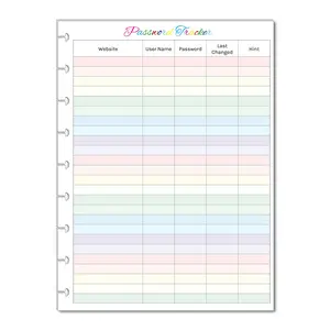 Color Password Tracker for 9-Disc Planners, Password Log, Pre-punched Planner Inserts, Password List