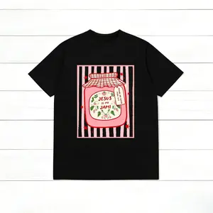 Jesus Is My Jam Strawberry Jam Jar Graphic Printed T-Shirt, Pink Washed Christian Tee, Crew Neck Cotton Polyester Graphic Shirt, y2k Fashion Casual Streetwear Humor, Everyday Outfit, Trendy Aesthetic Outfit 2026, Gifts, SuperYi