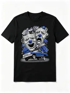 Men's 100% Cotton Short Sleeve Regular Fit Classic Graphic Sports Top - Blue Smile Now Cry Later Silk Screen Print, Soft Breathable Low Rider Old School Crewneck, Father’s Day Thoughtful Gift, Wash Safe Streetwear Top