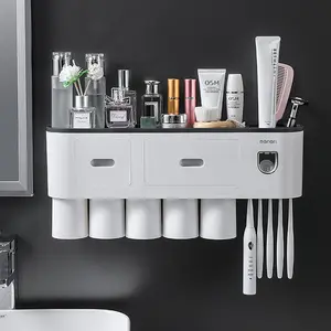 5-Pack Bathroom Cup-Shaped Toothbrush Holder Set, Wall-Mounted Design with Toothpaste Box, Large Capacity Tray, Bath Accessories Organizer, Toothbrush Storage, Bathroom Accessory