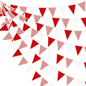 32Ft Red Plaid Checkered White Triangle Flag Gingham Pennant Bunting Fabric Garland for Christmas Wedding Birthday Carnival Picnic X-mas Outdoor Home Party Festivals Decoration