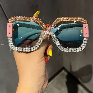 Women’s Square Rimless Oversized Bling Rhinestone Sunglasses - Double Layer Diamond PC Frame UV Protection for Party fashion eyewear