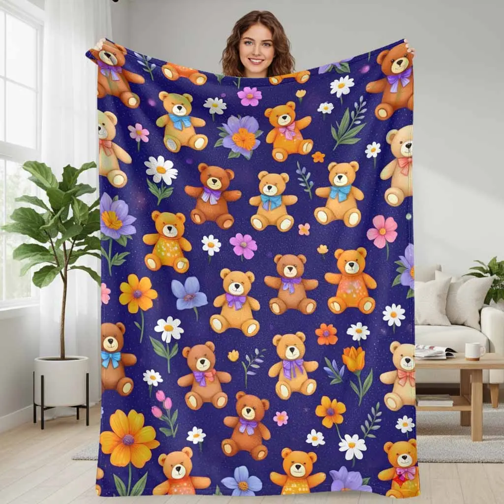 Teddy Bear French Flannel Fleece Blanket - French Floral Bear Print, Wrinkle Resistant, Breathable, Durable, Ultra Soft, Cozy, Lightweight, Warm, Ideal for Living Room Couch, Bedroom Sofa, Perfect Gift for Loved Ones, Home Decor Accent, Cozy Setup, Floral