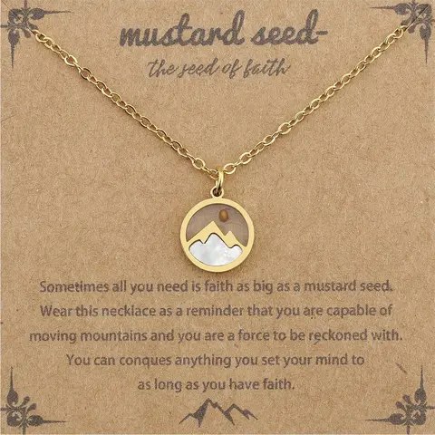 Women's Faith-Inspired Graphic Necklace - Gold Mountain & Mustard Seed Round Seed Religious Christian Jewelry with Inspirational Card, Gift for Mom, Friend, Necklaces For Women
