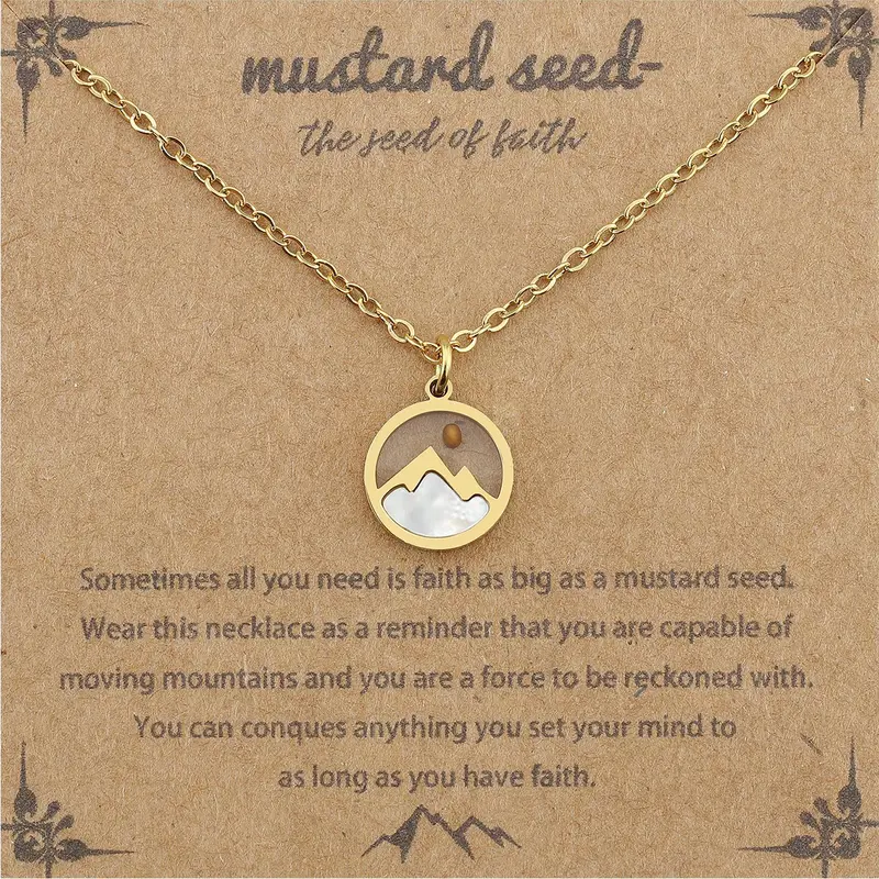 Women's Faith-Inspired Graphic Necklace - Gold Mountain & Mustard Seed Round Seed Religious Christian Jewelry with Inspirational Card, Gift for Mom, Friend, Necklaces For Women