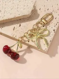 Cherry Keychain Bag Charm, Cherry Shape Keyring with Bow Pendant, Luxury Handbag Accessory for Valentine's Day & Halloween